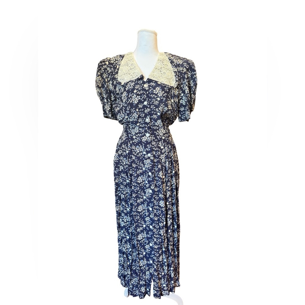 Vintage Casual Corner Floral Midi Dress Size 4 Navy Blue Lace Collar Cottagecore